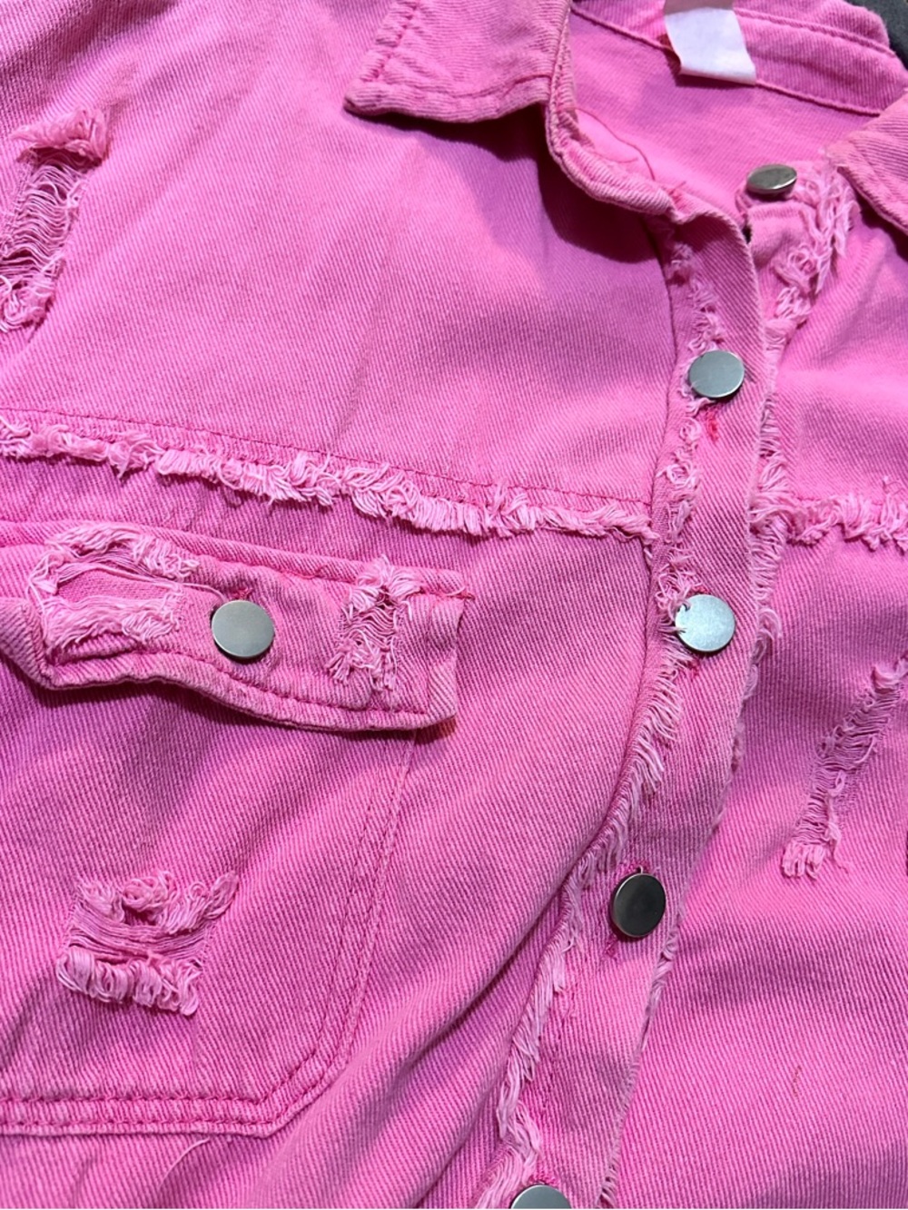 Pink ripped distressed denim casual boyfriend jean jacket fringe size X-Large - Picture 3 of 11